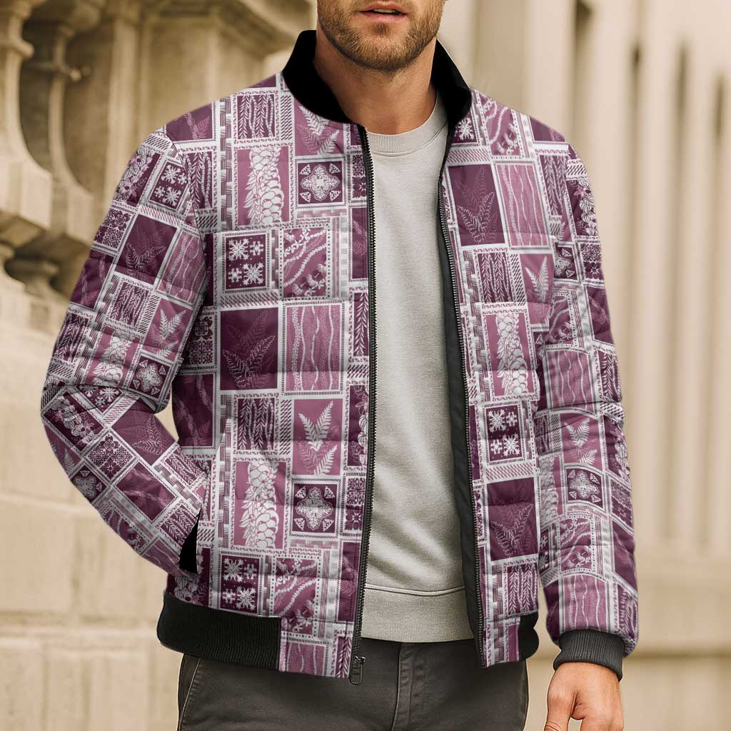 Vintage Aloha Block Quilt Bomber Puffer Jacket Pink Inspired Lei Motifs - Polynesian Pride