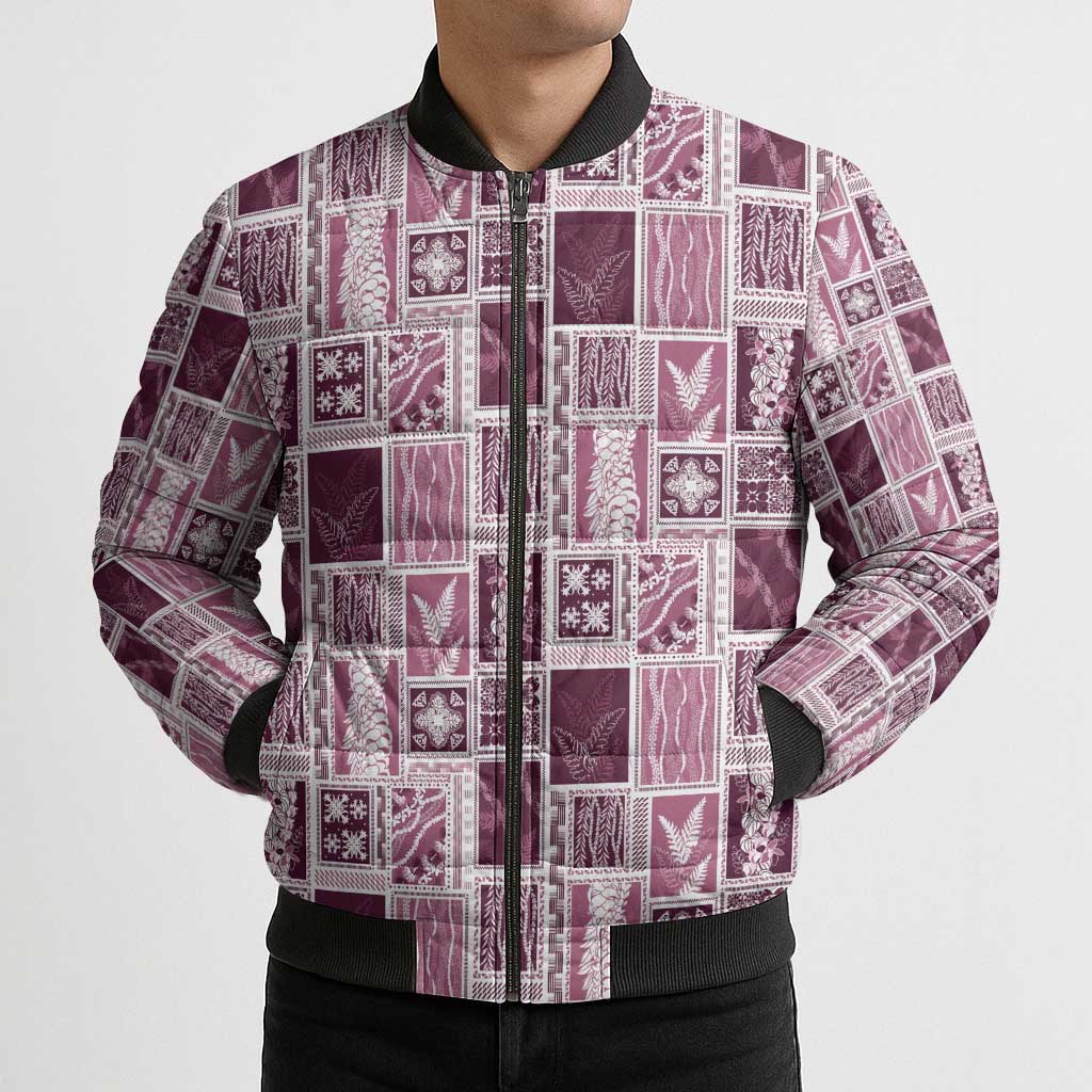 Vintage Aloha Block Quilt Bomber Puffer Jacket Pink Inspired Lei Motifs - Polynesian Pride