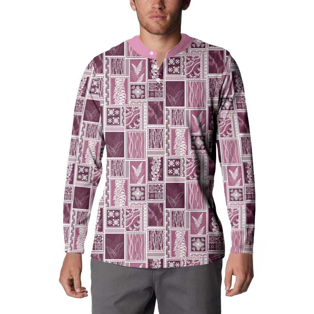 Vintage Aloha Block Quilt Button Sweatshirt Pink Inspired Lei Motifs - Polynesian Pride
