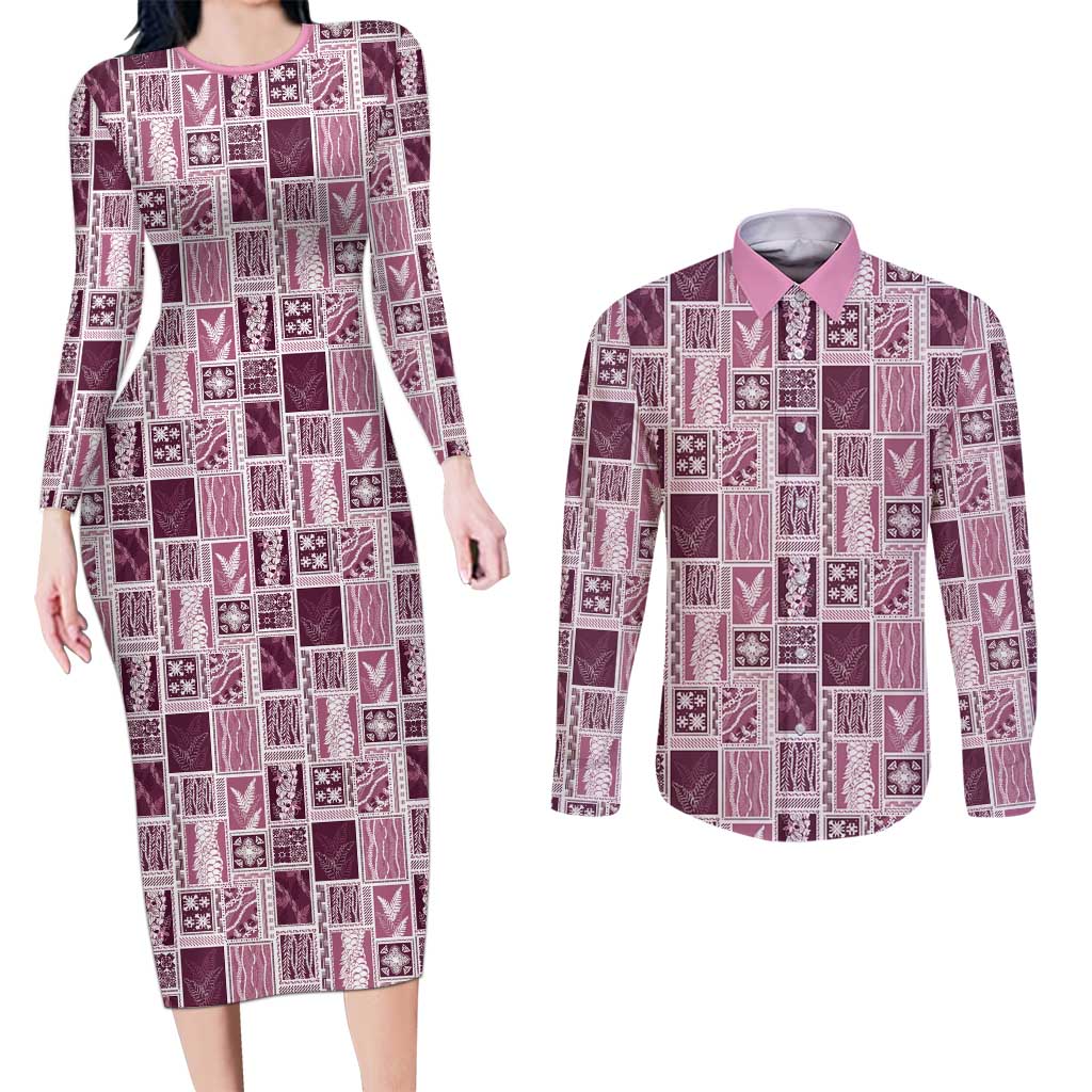 Vintage Aloha Block Quilt Couples Matching Long Sleeve Bodycon Dress and Long Sleeve Button Shirt Pink Inspired Lei Motifs LT9 Pink - Polynesian Pride