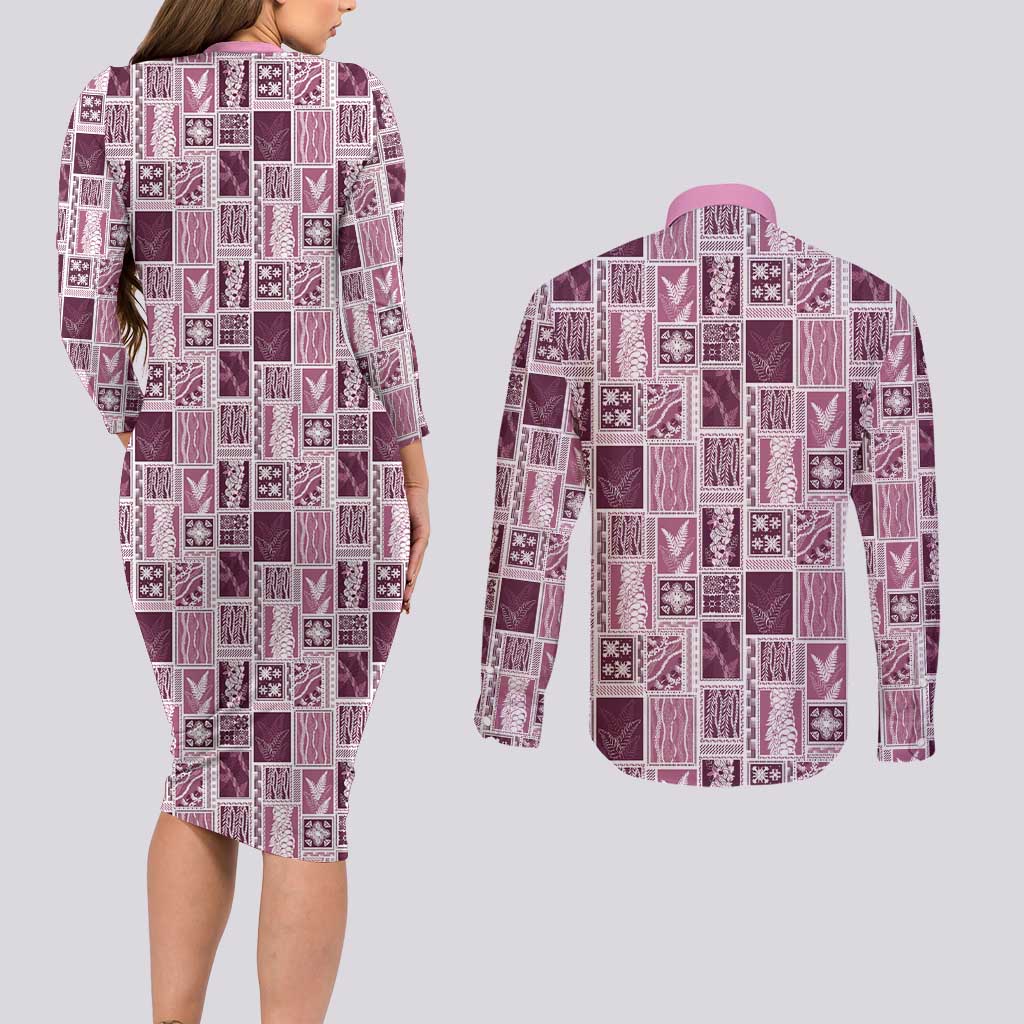 Vintage Aloha Block Quilt Couples Matching Long Sleeve Bodycon Dress and Long Sleeve Button Shirt Pink Inspired Lei Motifs LT9 - Polynesian Pride
