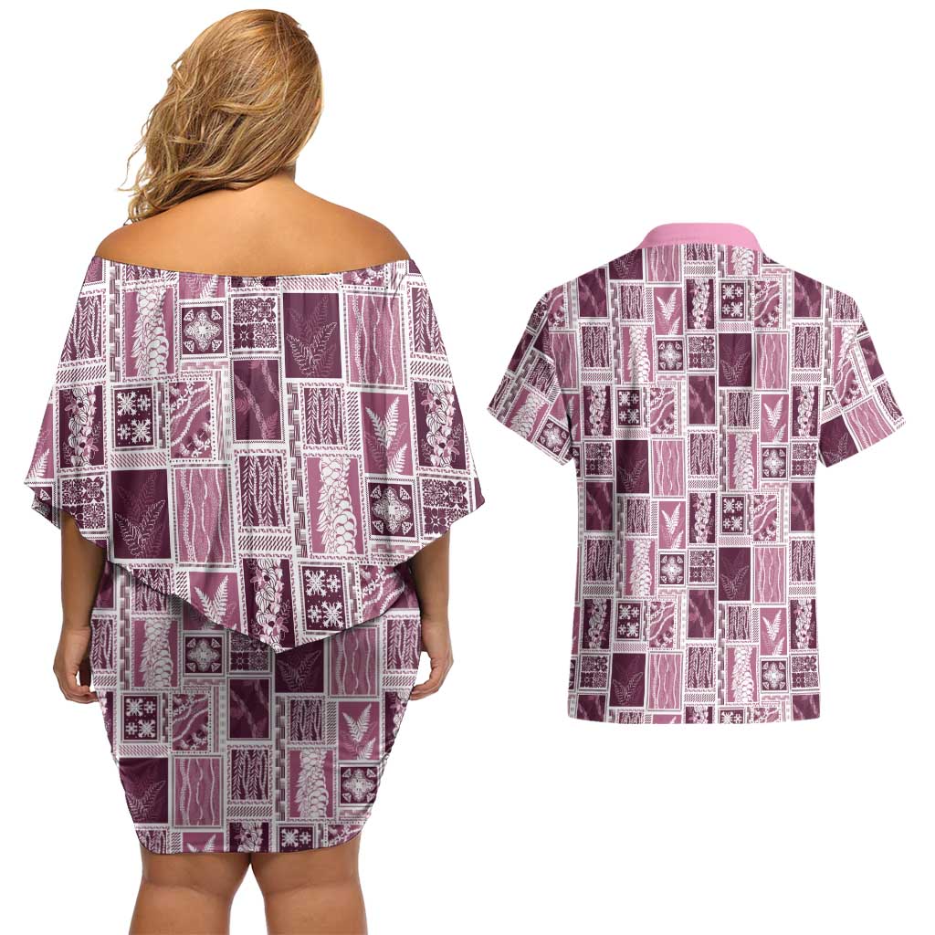 Vintage Aloha Block Quilt Couples Matching Off Shoulder Short Dress and Hawaiian Shirt Pink Inspired Lei Motifs LT9 - Polynesian Pride