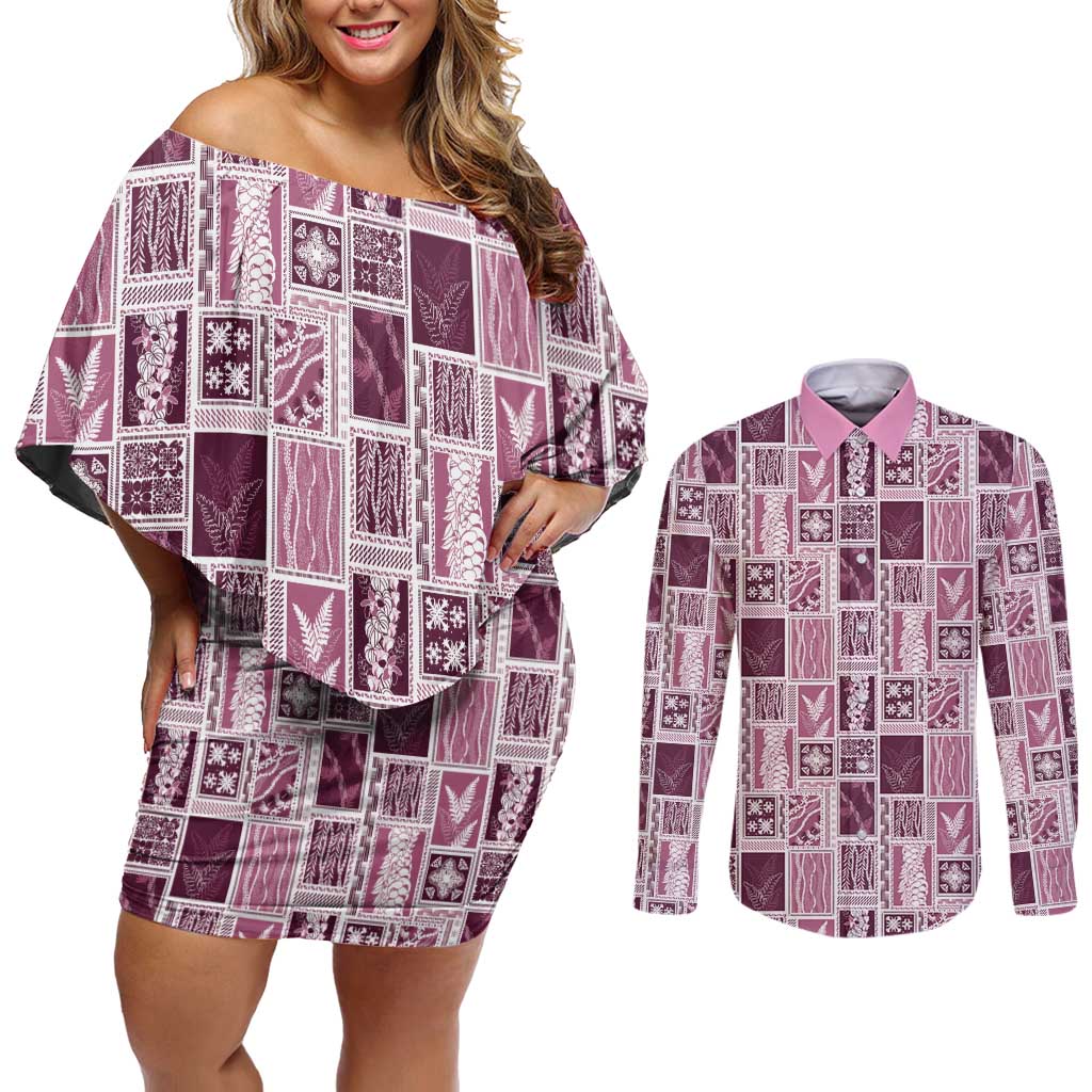 Vintage Aloha Block Quilt Couples Matching Off Shoulder Short Dress and Long Sleeve Button Shirt Pink Inspired Lei Motifs - Polynesian Pride