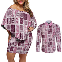 Vintage Aloha Block Quilt Couples Matching Off Shoulder Short Dress and Long Sleeve Button Shirt Pink Inspired Lei Motifs - Polynesian Pride