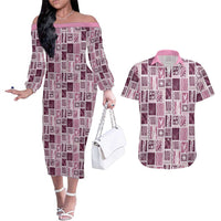 Vintage Aloha Block Quilt Couples Matching Off The Shoulder Long Sleeve Dress and Hawaiian Shirt Pink Inspired Lei Motifs LT9 Pink - Polynesian Pride