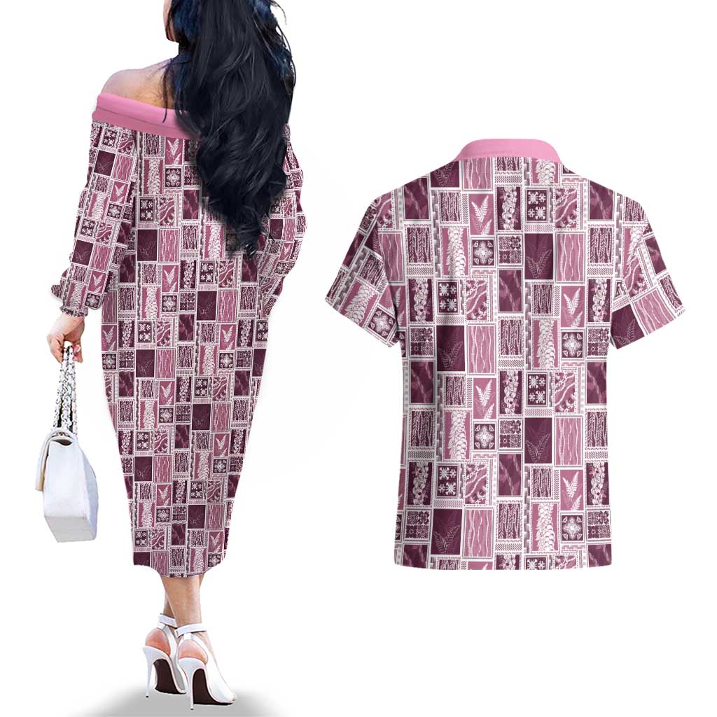 Vintage Aloha Block Quilt Couples Matching Off The Shoulder Long Sleeve Dress and Hawaiian Shirt Pink Inspired Lei Motifs LT9 - Polynesian Pride