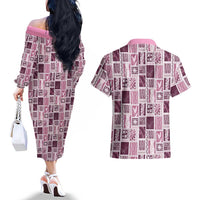 Vintage Aloha Block Quilt Couples Matching Off The Shoulder Long Sleeve Dress and Hawaiian Shirt Pink Inspired Lei Motifs LT9 - Polynesian Pride