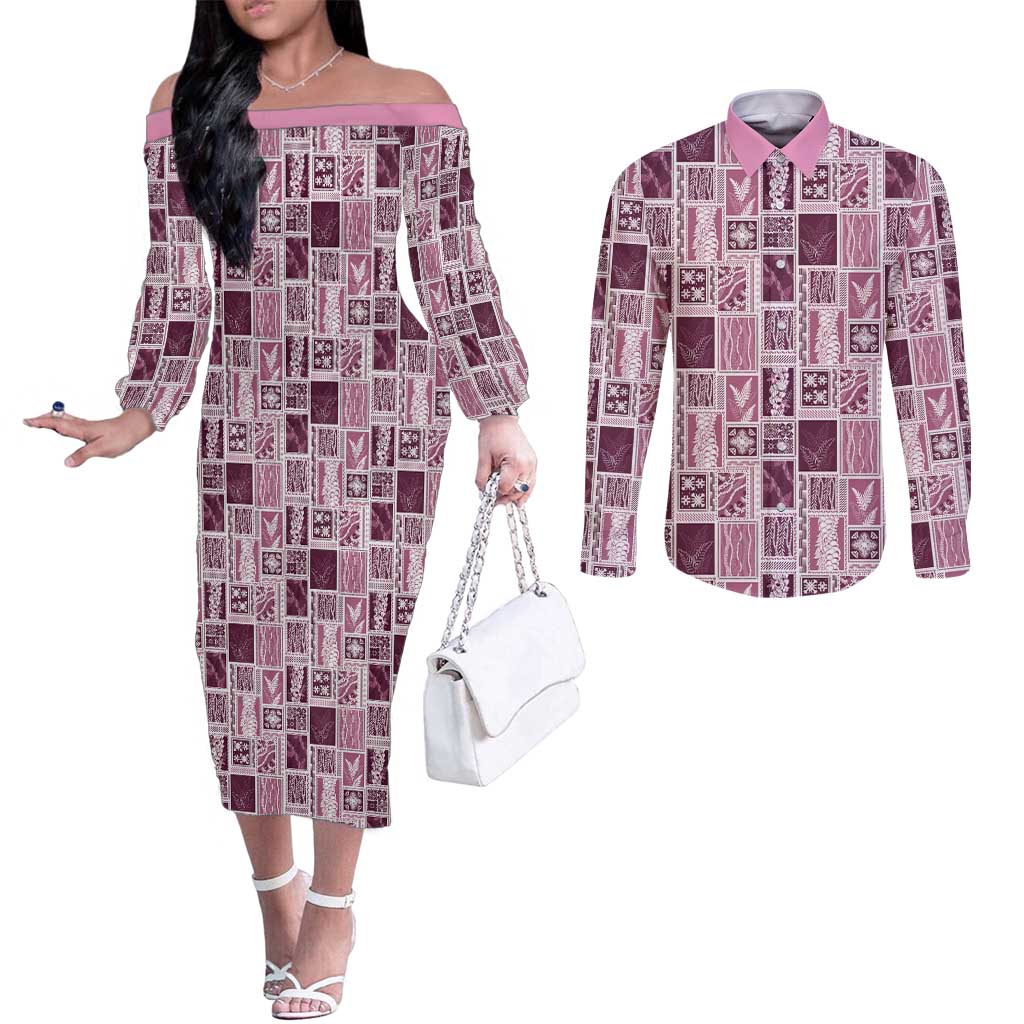 Vintage Aloha Block Quilt Couples Matching Off The Shoulder Long Sleeve Dress and Long Sleeve Button Shirt Pink Inspired Lei Motifs - Polynesian Pride