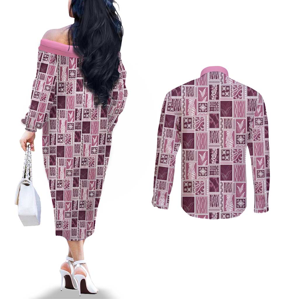 Vintage Aloha Block Quilt Couples Matching Off The Shoulder Long Sleeve Dress and Long Sleeve Button Shirt Pink Inspired Lei Motifs LT9 - Polynesian Pride