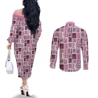 Vintage Aloha Block Quilt Couples Matching Off The Shoulder Long Sleeve Dress and Long Sleeve Button Shirt Pink Inspired Lei Motifs LT9 - Polynesian Pride
