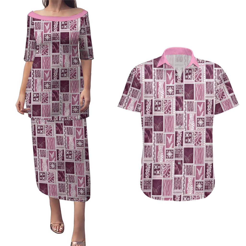 Vintage Aloha Block Quilt Couples Matching Puletasi and Hawaiian Shirt Pink Inspired Lei Motifs - Polynesian Pride
