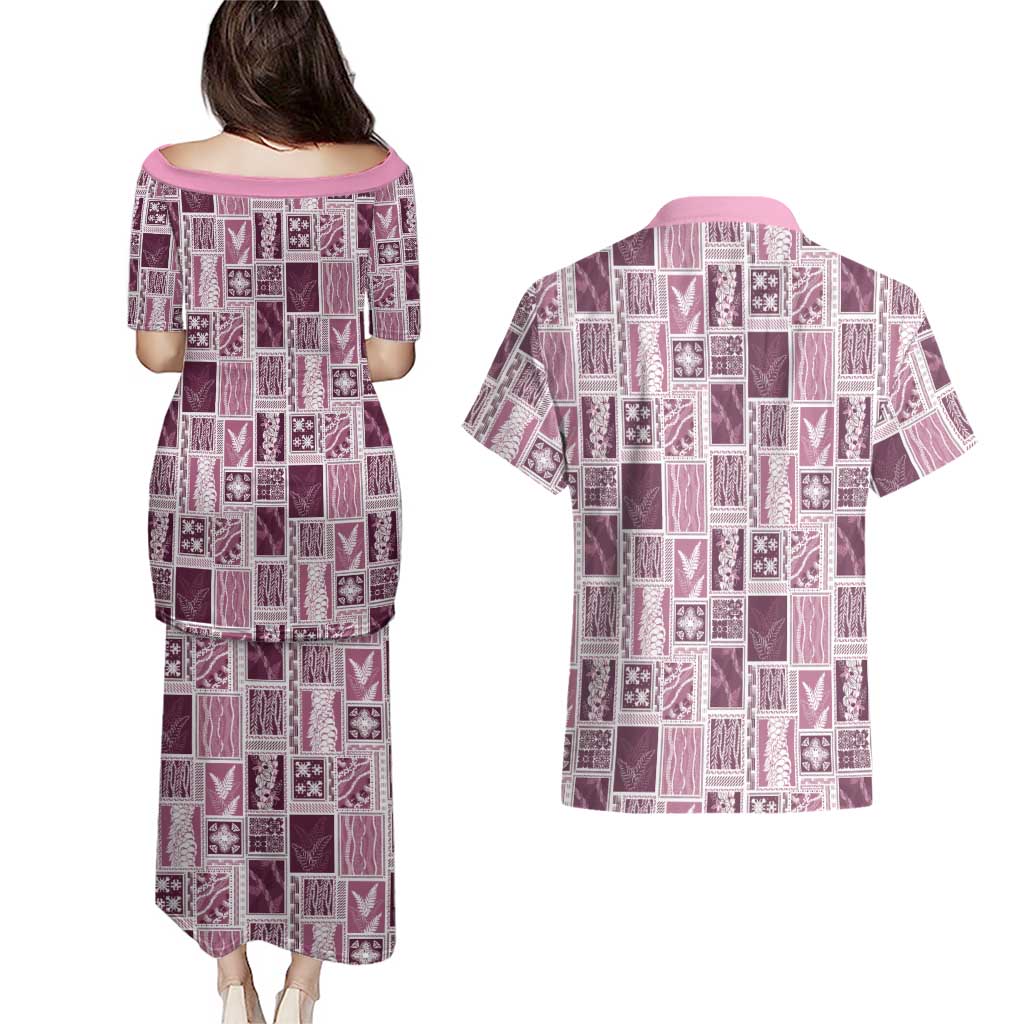 Vintage Aloha Block Quilt Couples Matching Puletasi and Hawaiian Shirt Pink Inspired Lei Motifs - Polynesian Pride