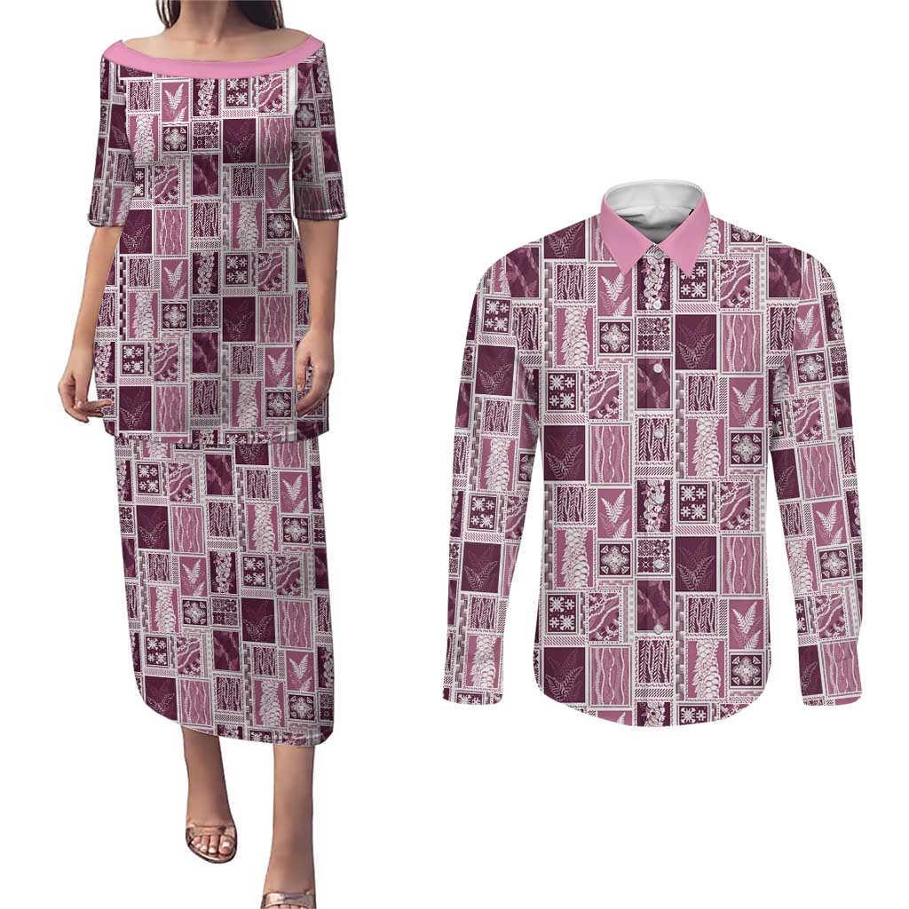 Vintage Aloha Block Quilt Couples Matching Puletasi and Long Sleeve Button Shirt Pink Inspired Lei Motifs - Polynesian Pride