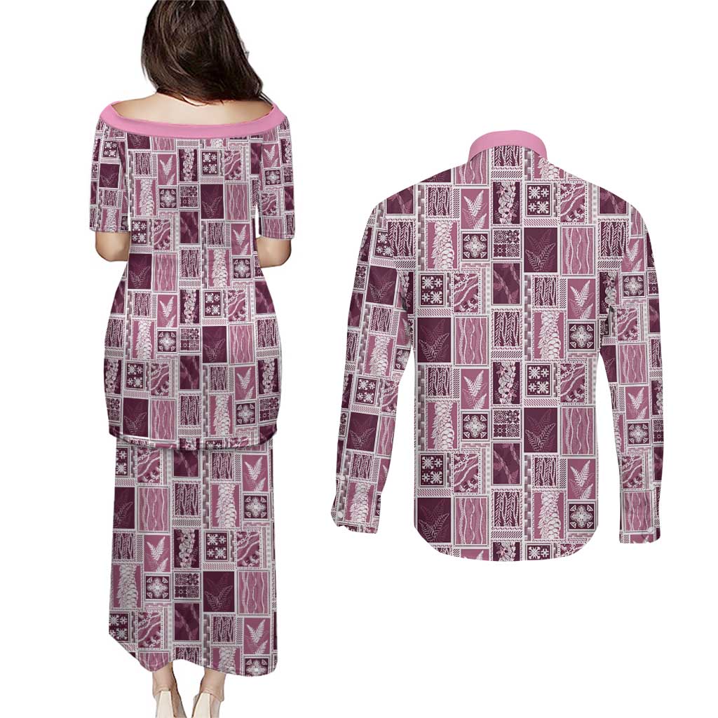 Vintage Aloha Block Quilt Couples Matching Puletasi and Long Sleeve Button Shirt Pink Inspired Lei Motifs - Polynesian Pride
