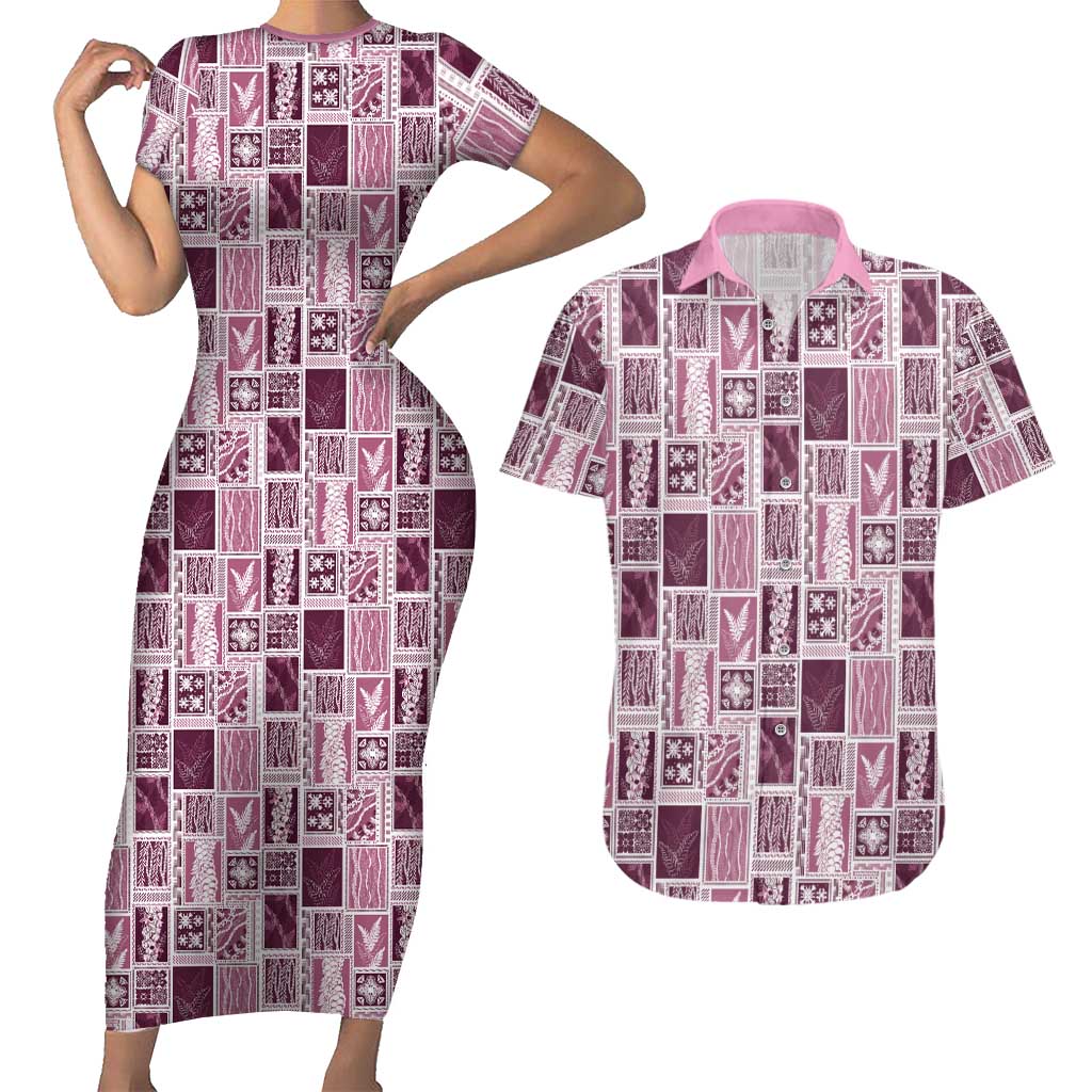 Vintage Aloha Block Quilt Couples Matching Short Sleeve Bodycon Dress and Hawaiian Shirt Pink Inspired Lei Motifs LT9 Pink - Polynesian Pride