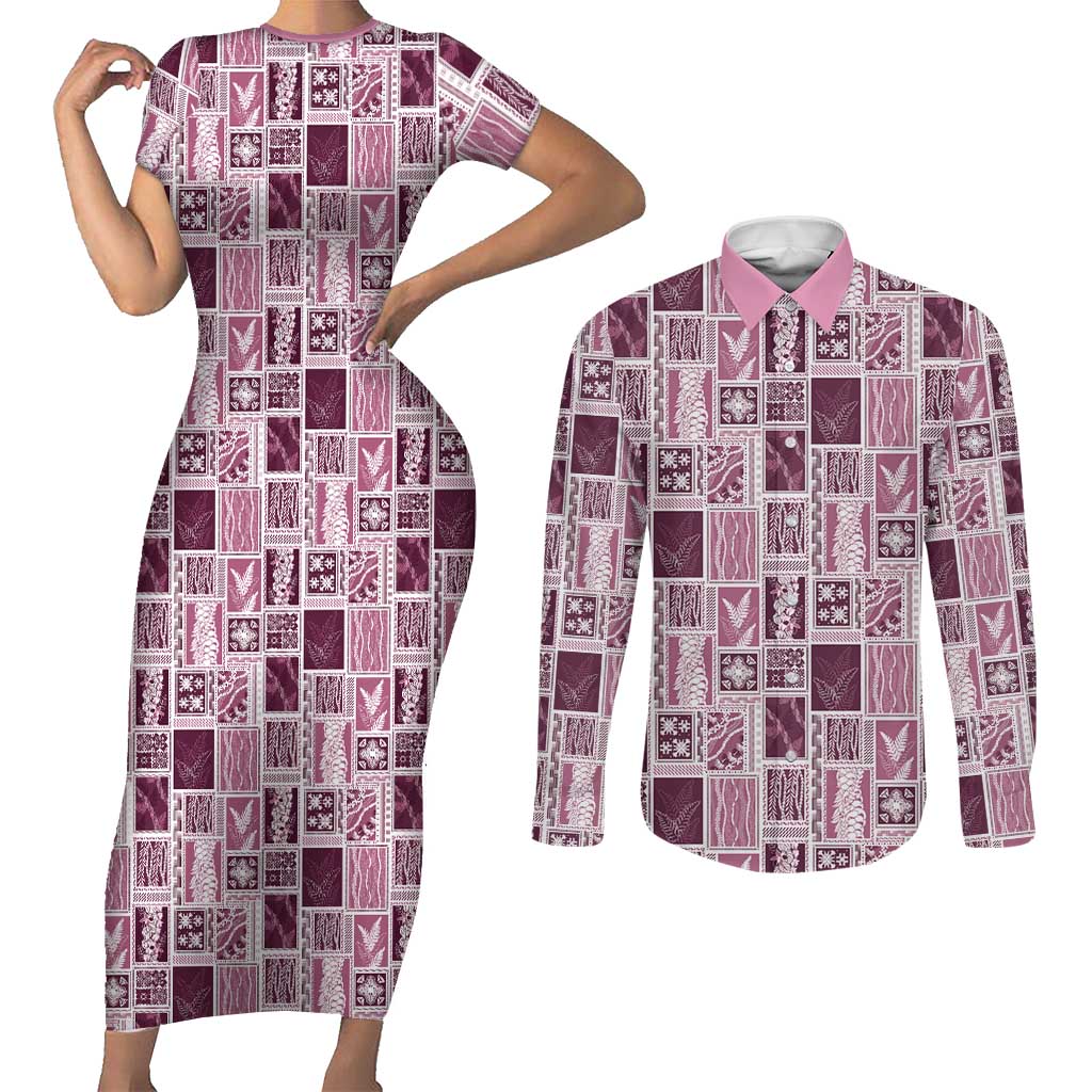 Vintage Aloha Block Quilt Couples Matching Short Sleeve Bodycon Dress and Long Sleeve Button Shirt Pink Inspired Lei Motifs LT9 Pink - Polynesian Pride