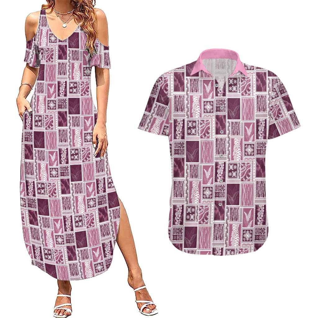 Vintage Aloha Block Quilt Couples Matching Summer Maxi Dress and Hawaiian Shirt Pink Inspired Lei Motifs - Polynesian Pride