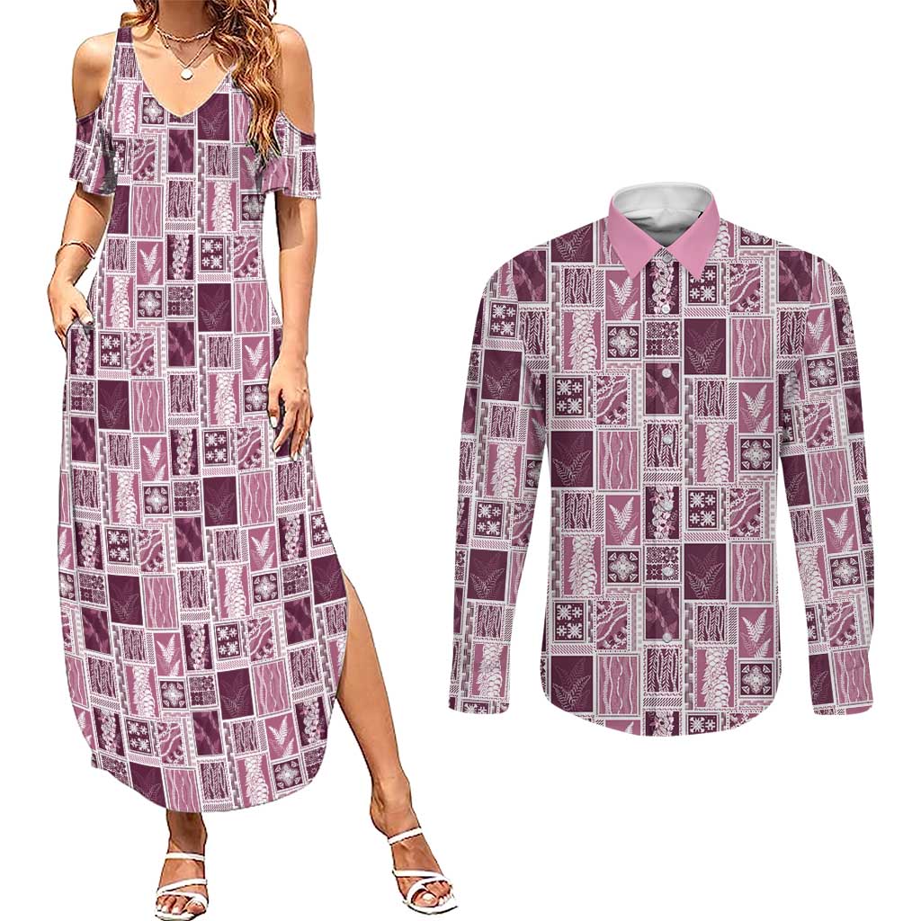 Vintage Aloha Block Quilt Couples Matching Summer Maxi Dress and Long Sleeve Button Shirt Pink Inspired Lei Motifs - Polynesian Pride
