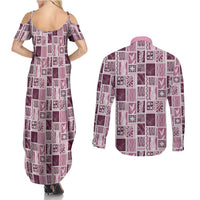 Vintage Aloha Block Quilt Couples Matching Summer Maxi Dress and Long Sleeve Button Shirt Pink Inspired Lei Motifs - Polynesian Pride
