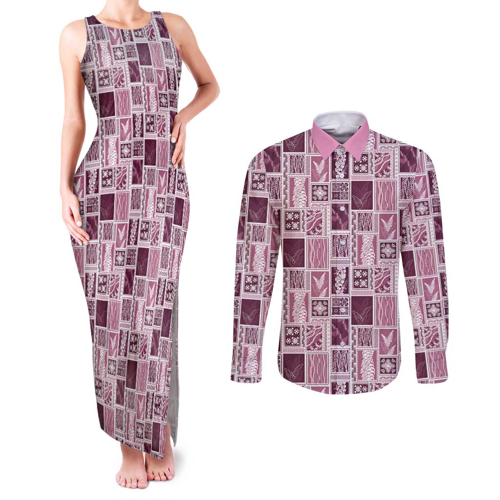 Vintage Aloha Block Quilt Couples Matching Tank Maxi Dress and Long Sleeve Button Shirt Pink Inspired Lei Motifs - Polynesian Pride