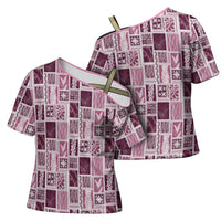 Vintage Aloha Block Quilt Cross Shoulder Shirt Pink Inspired Lei Motifs - Polynesian Pride