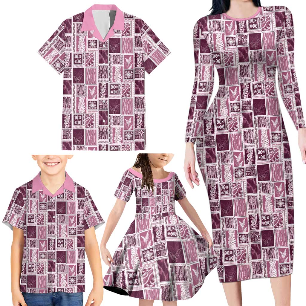 Vintage Aloha Block Quilt Family Matching Long Sleeve Bodycon Dress and Hawaiian Shirt Pink Inspired Lei Motifs LT9 - Polynesian Pride