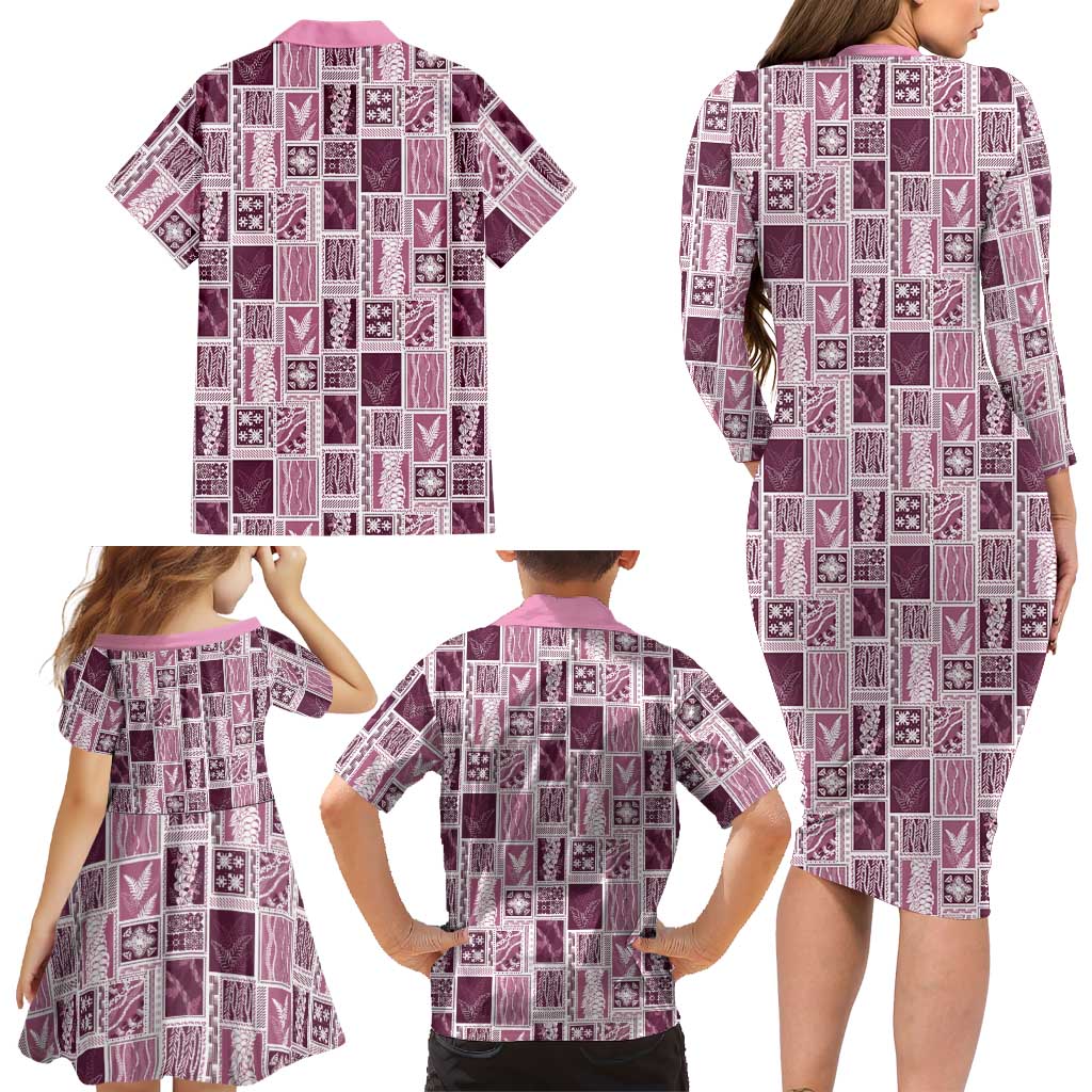 Vintage Aloha Block Quilt Family Matching Long Sleeve Bodycon Dress and Hawaiian Shirt Pink Inspired Lei Motifs LT9 - Polynesian Pride