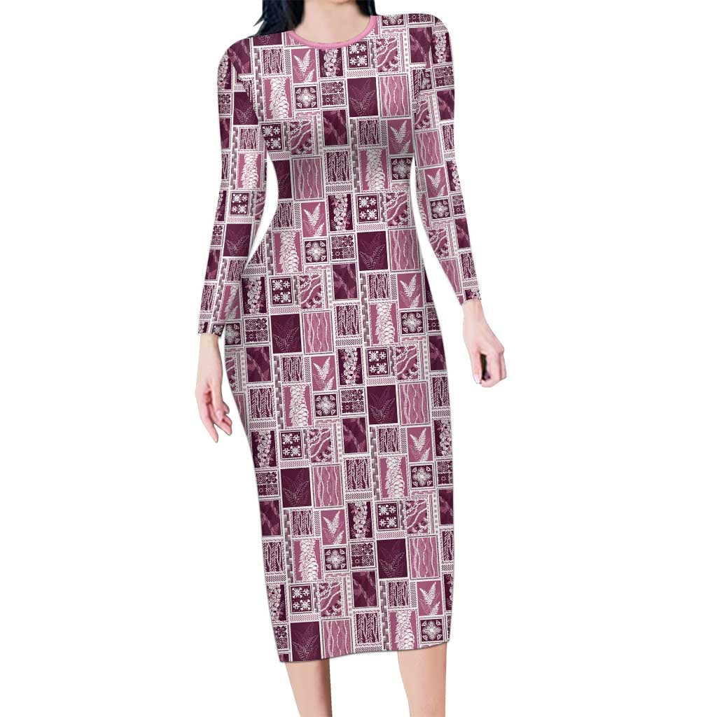 Vintage Aloha Block Quilt Family Matching Long Sleeve Bodycon Dress and Hawaiian Shirt Pink Inspired Lei Motifs LT9 Mom's Dress Pink - Polynesian Pride