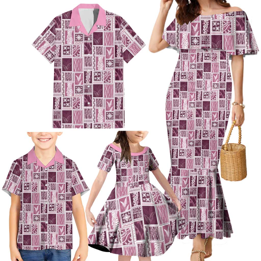 Vintage Aloha Block Quilt Family Matching Mermaid Dress and Hawaiian Shirt Pink Inspired Lei Motifs LT9 - Polynesian Pride