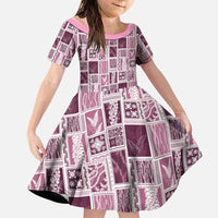 Vintage Aloha Block Quilt Family Matching Off Shoulder Maxi Dress and Hawaiian Shirt Pink Inspired Lei Motifs LT9 Daughter's Dress Pink - Polynesian Pride