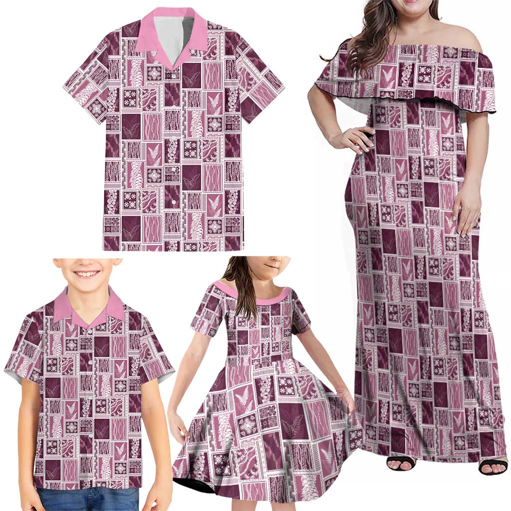 Vintage Aloha Block Quilt Family Matching Off Shoulder Maxi Dress and Hawaiian Shirt Pink Inspired Lei Motifs LT9 - Polynesian Pride