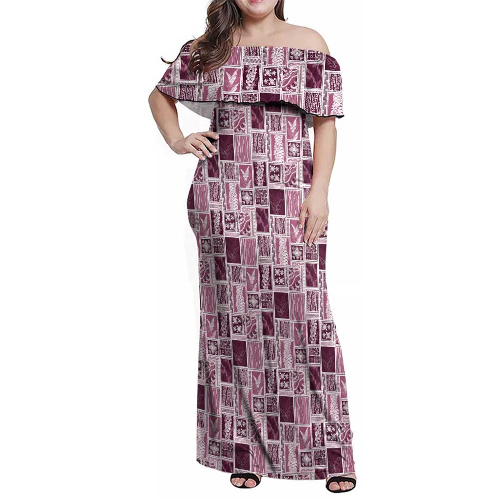 Vintage Aloha Block Quilt Family Matching Off Shoulder Maxi Dress and Hawaiian Shirt Pink Inspired Lei Motifs LT9 Mom's Dress Pink - Polynesian Pride