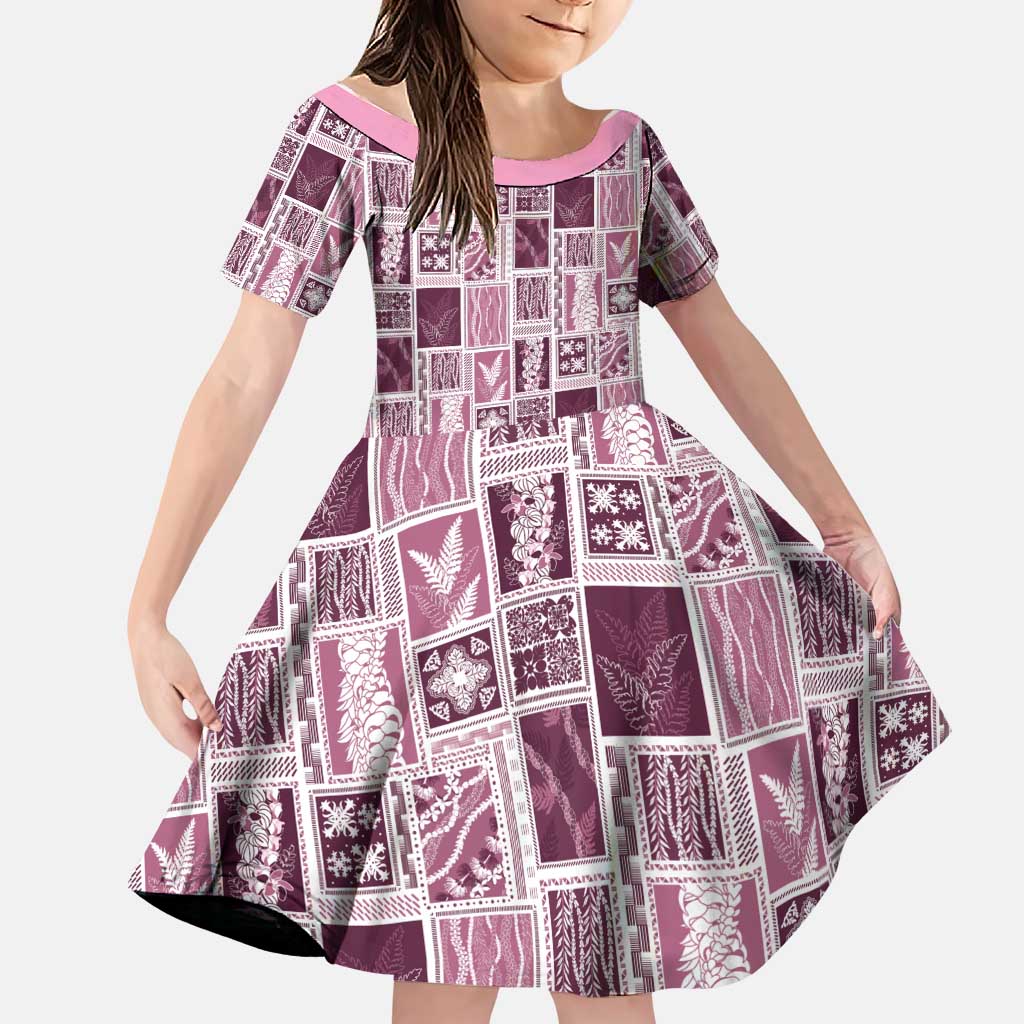 Vintage Aloha Block Quilt Family Matching Off Shoulder Short Dress and Hawaiian Shirt Pink Inspired Lei Motifs LT9 Daughter's Dress Pink - Polynesian Pride