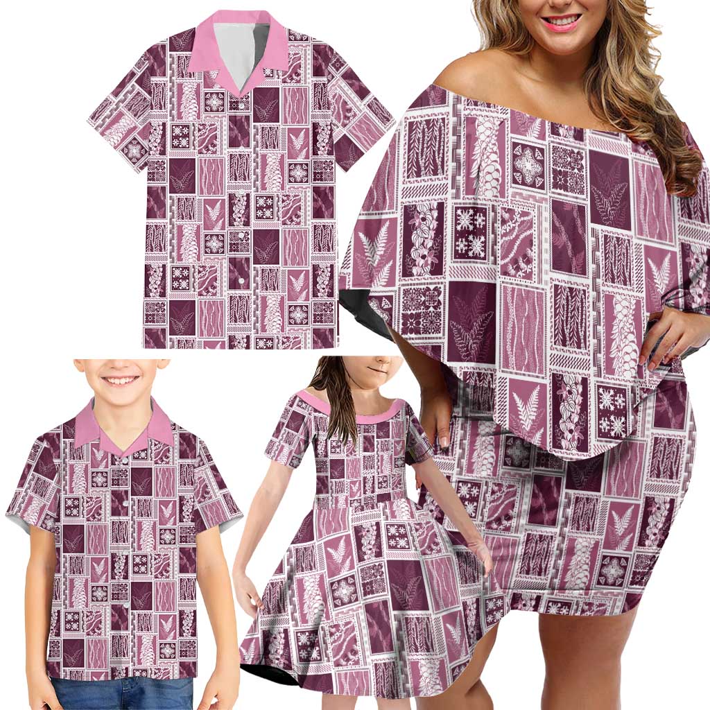 Vintage Aloha Block Quilt Family Matching Off Shoulder Short Dress and Hawaiian Shirt Pink Inspired Lei Motifs LT9 - Polynesian Pride