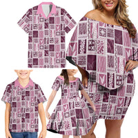 Vintage Aloha Block Quilt Family Matching Off Shoulder Short Dress and Hawaiian Shirt Pink Inspired Lei Motifs LT9 - Polynesian Pride