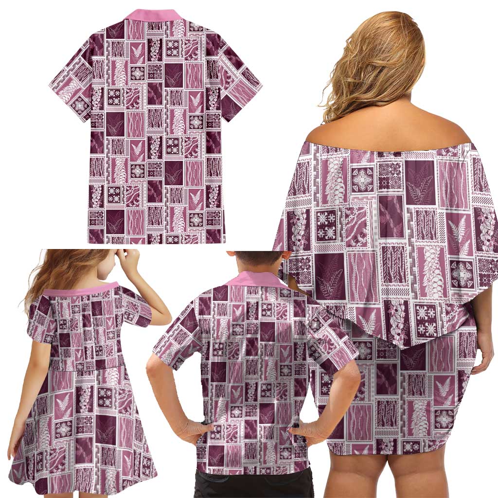 Vintage Aloha Block Quilt Family Matching Off Shoulder Short Dress and Hawaiian Shirt Pink Inspired Lei Motifs LT9 - Polynesian Pride