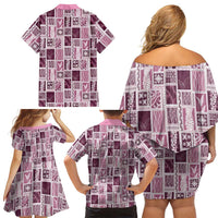 Vintage Aloha Block Quilt Family Matching Off Shoulder Short Dress and Hawaiian Shirt Pink Inspired Lei Motifs LT9 - Polynesian Pride