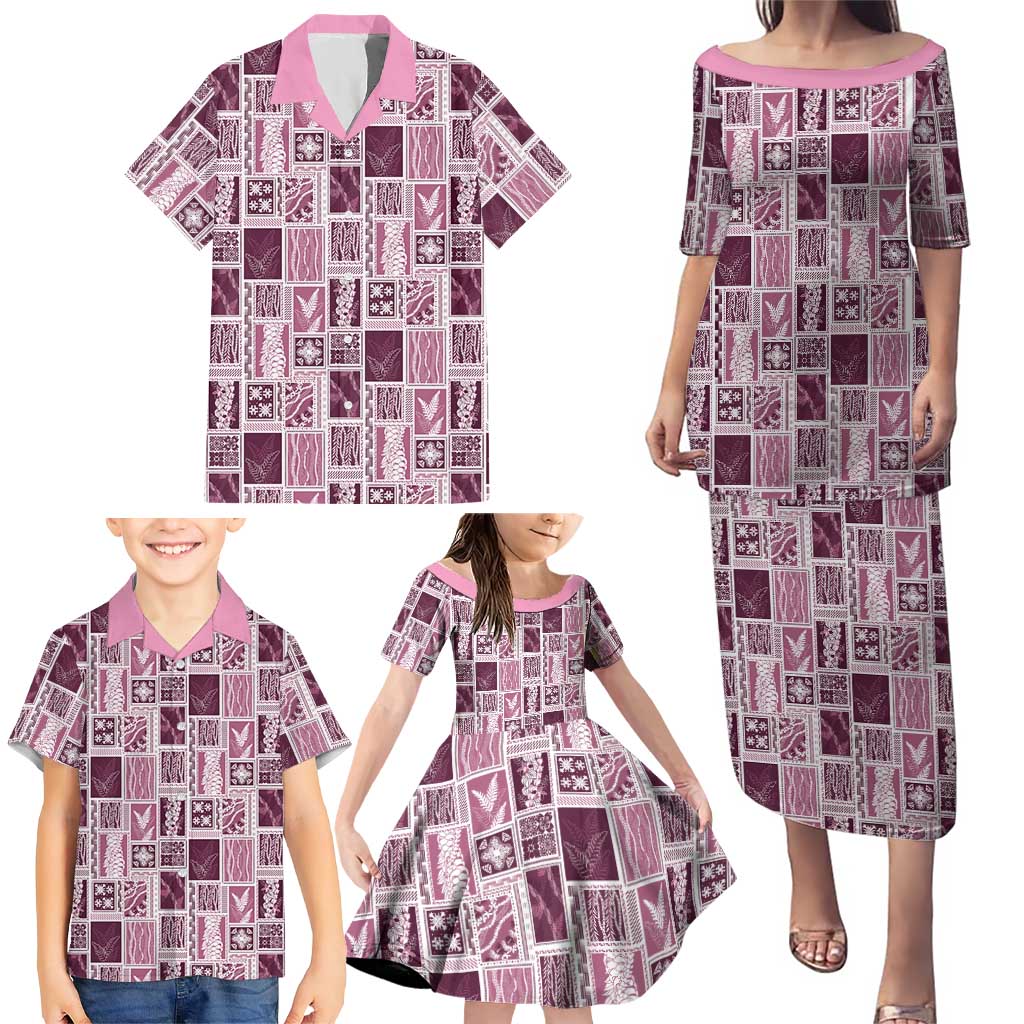 Vintage Aloha Block Quilt Family Matching Puletasi and Hawaiian Shirt Pink Inspired Lei Motifs - Polynesian Pride