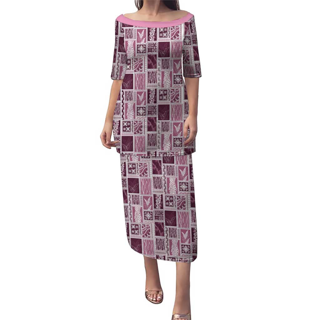 Vintage Aloha Block Quilt Family Matching Puletasi and Hawaiian Shirt Pink Inspired Lei Motifs LT9 Mom's Dress Pink - Polynesian Pride