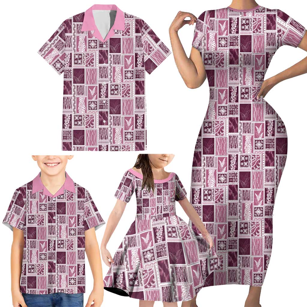 Vintage Aloha Block Quilt Family Matching Short Sleeve Bodycon Dress and Hawaiian Shirt Pink Inspired Lei Motifs - Polynesian Pride