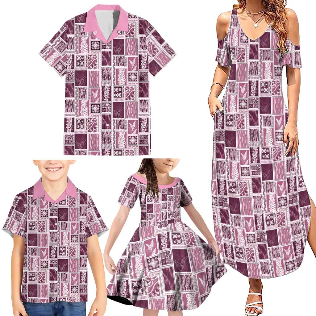 Vintage Aloha Block Quilt Family Matching Summer Maxi Dress and Hawaiian Shirt Pink Inspired Lei Motifs - Polynesian Pride