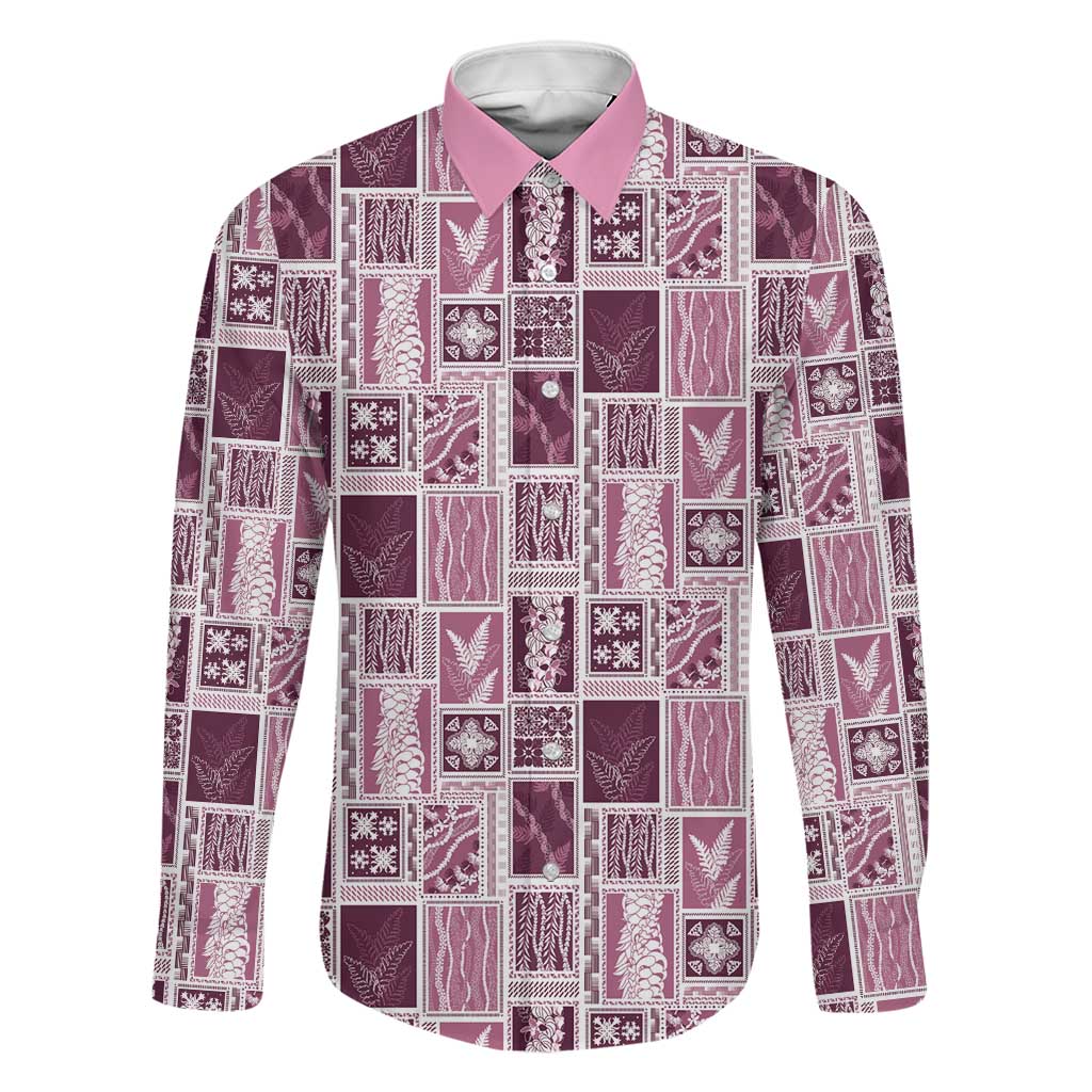 Vintage Aloha Block Quilt Family Matching Summer Maxi Dress and Hawaiian Shirt Pink Inspired Lei Motifs LT9 Dad's Shirt - Long Sleeve Pink - Polynesian Pride