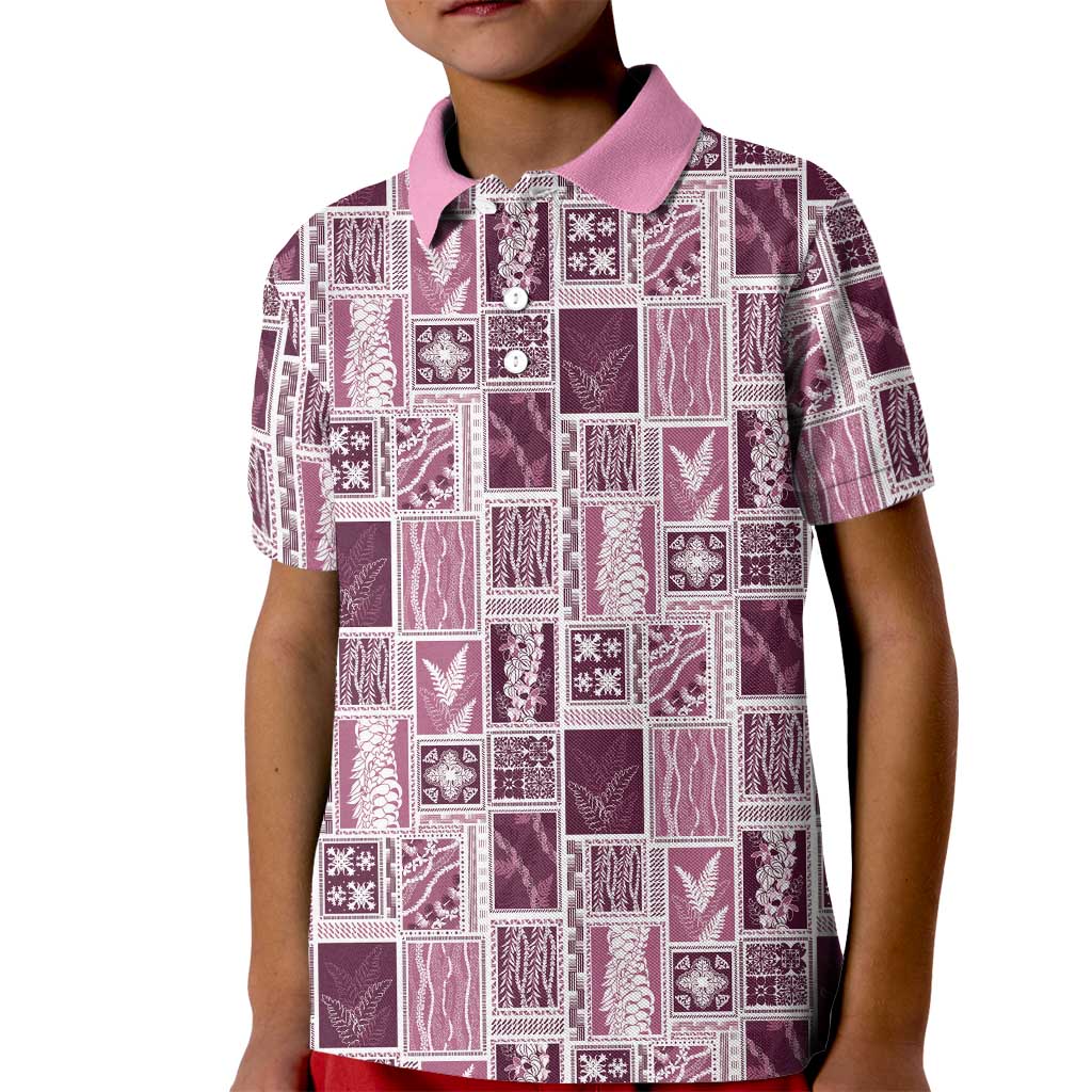 Vintage Aloha Block Quilt Kid Polo Shirt Pink Inspired Lei Motifs - Polynesian Pride