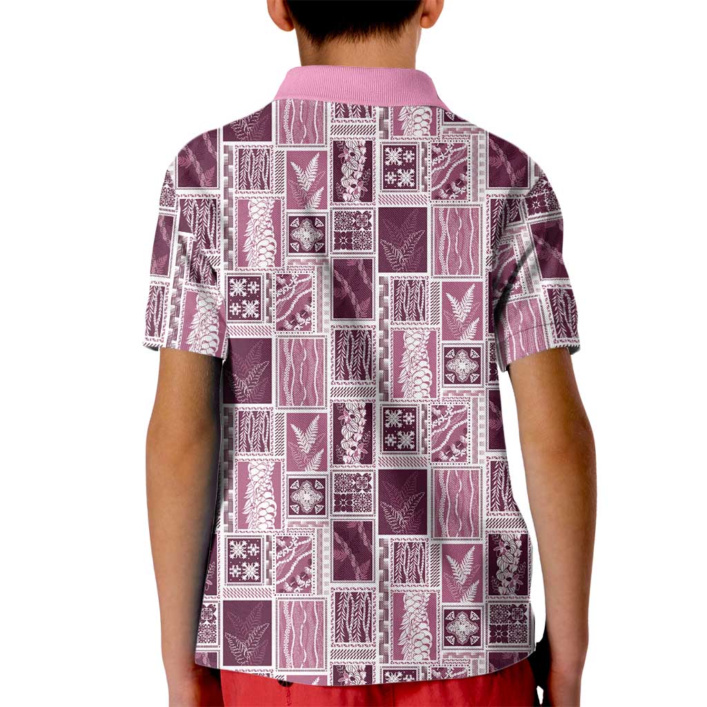Vintage Aloha Block Quilt Kid Polo Shirt Pink Inspired Lei Motifs - Polynesian Pride