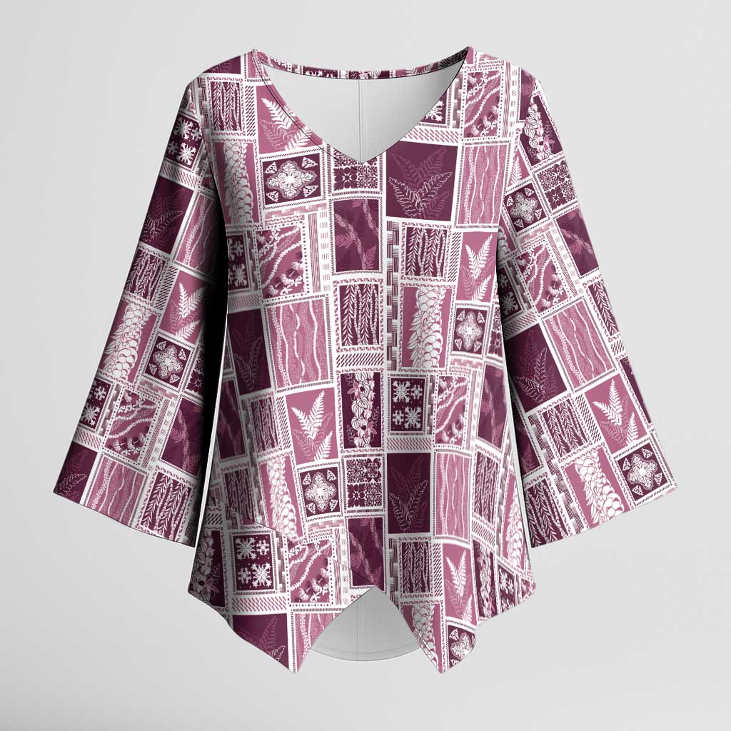 Vintage Aloha Block Quilt Kimono Sleeve Blouse Pink Inspired Lei Motifs - Polynesian Pride