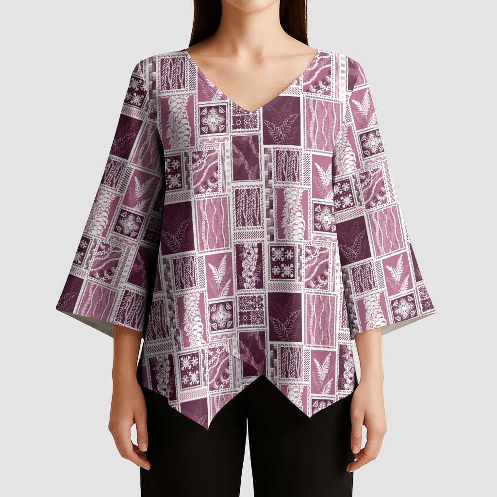 Vintage Aloha Block Quilt Kimono Sleeve Blouse Pink Inspired Lei Motifs - Polynesian Pride