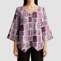 Vintage Aloha Block Quilt Kimono Sleeve Blouse Pink Inspired Lei Motifs - Polynesian Pride