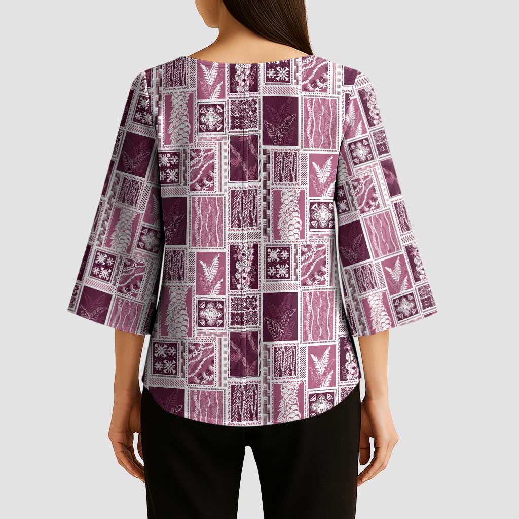 Vintage Aloha Block Quilt Kimono Sleeve Blouse Pink Inspired Lei Motifs - Polynesian Pride