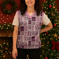 Vintage Aloha Block Quilt Christmas Knitted V-Neck Vest Pink Inspired Lei Motifs - Polynesian Pride