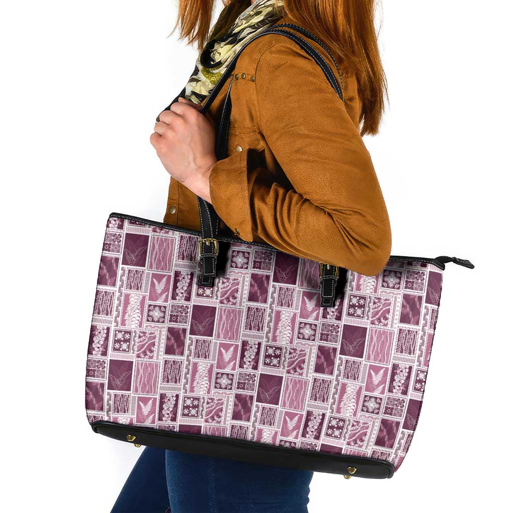 Vintage Aloha Block Quilt Leather Tote Bag Pink Inspired Lei Motifs - Polynesian Pride